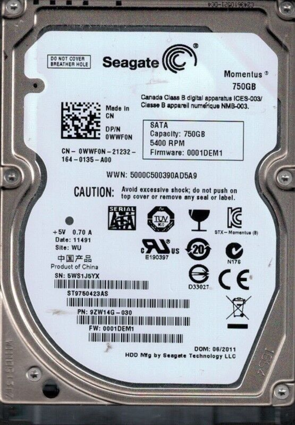 Seagate ST9750423AS  750GB SATA 2,5"