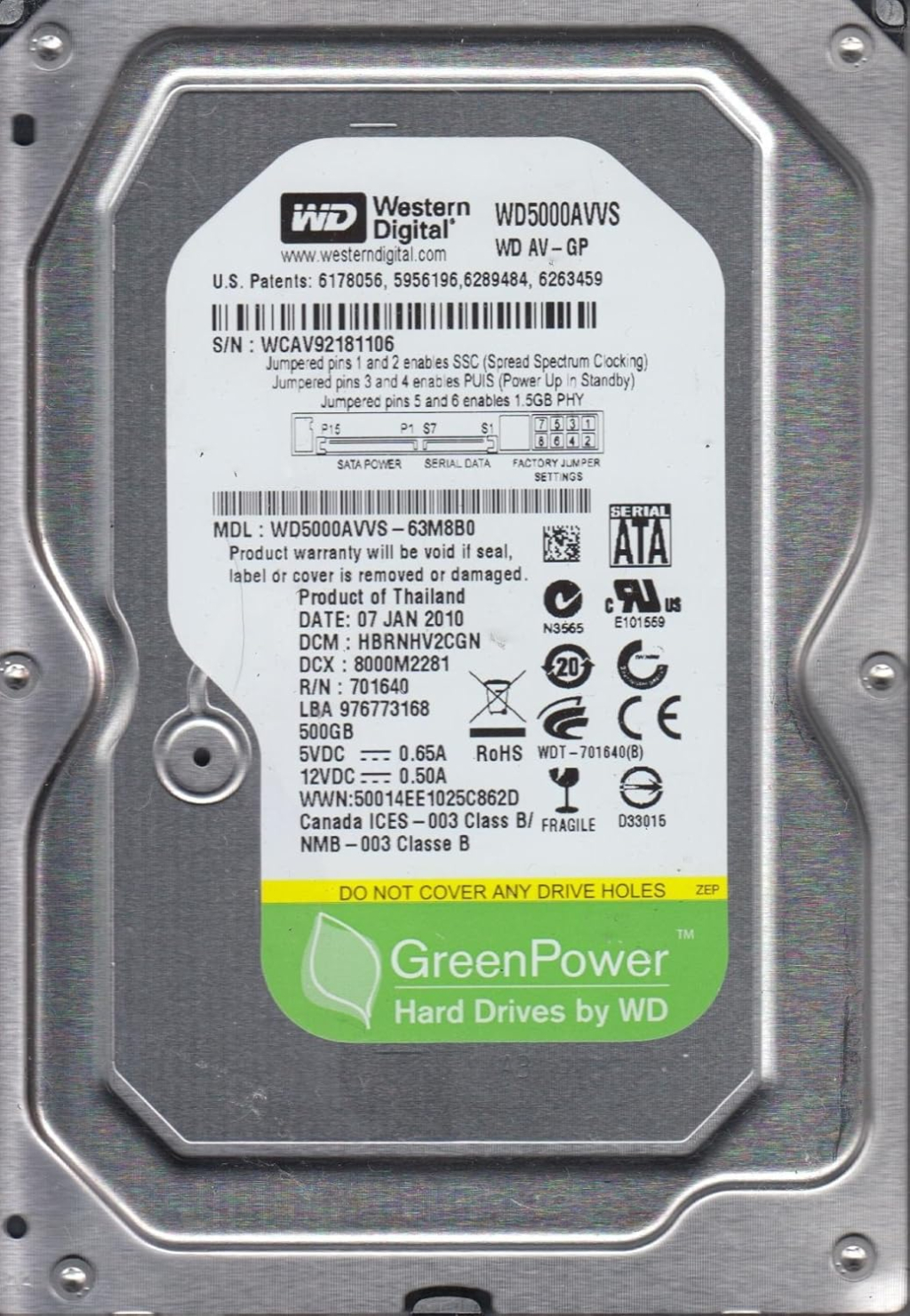 Western Digital WD5000AVVS  500GB SATA 3.5"