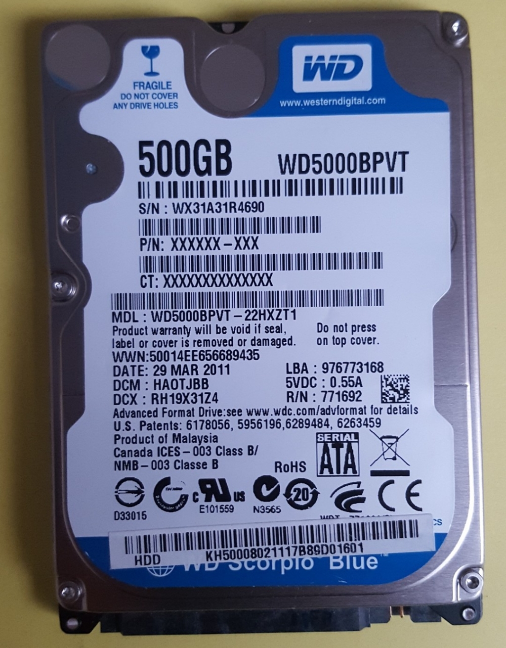 Western Digital WD5000BPVT  500GB SATA 3,5"